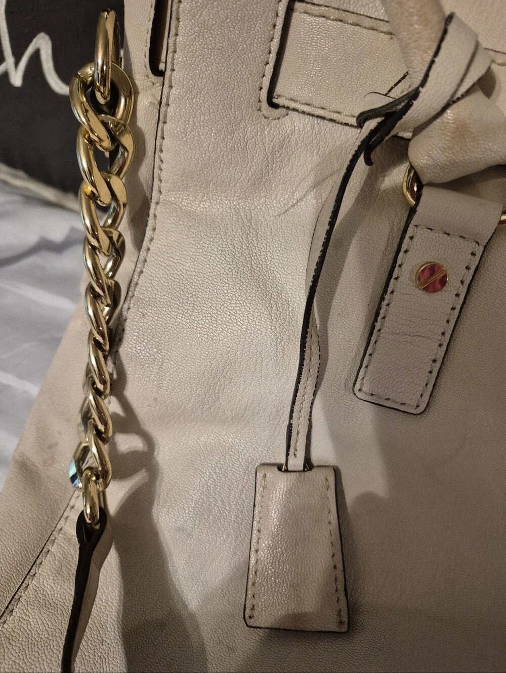 Michael Kors Leather Tote Handbag in Cream with Gold Hardware